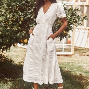 Lulus Wonderful Whims White Puff Sleeve Button Front Midi Dress